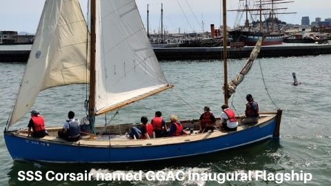 Picture of SSS Corsair which was named the inaugurals GGAC Flagship. Shows a classic wooden whaler under full sail in San Francisco Bay.