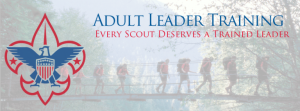 Image showing BSA Fleur de Lis with several Scouts crossing a rope bridge in the background with a caption Adult Leader Training every Scout Deserves a Trained Leader.