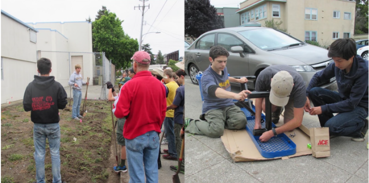 T202 at Oakland Tech weeding and preparing a seating area and assembling a bench